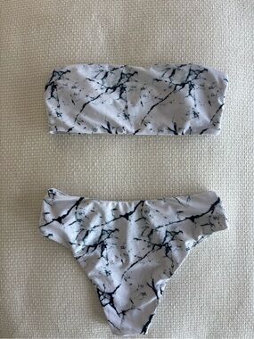 White Marble Print Bandeau Bikini Set